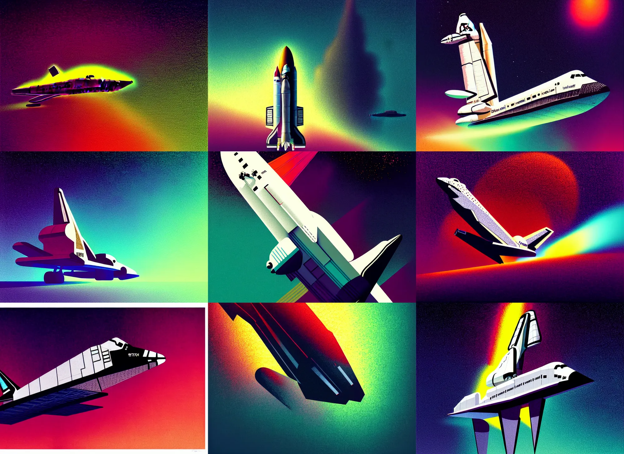 Prompt: portrait of the ( ( space shuttle ) ), colorful, modern art deco, mads berg, karolis strautniekas, christopher balaskas, stippled light, moody, fine texture, editorial illustration, dramatic lighting, dynamic composition, detailed, matte print, dynamic perspective, muted color, ( ( victo ngai ) ), low fog