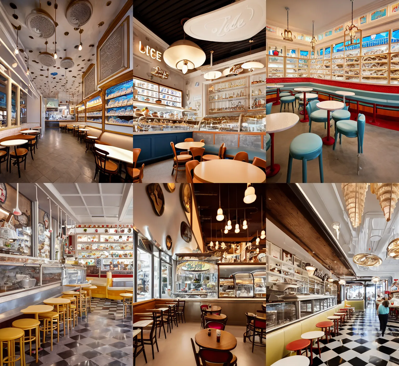 Prompt: ice cream cafe interior by walt disney, highly detailed, scoop bar, architectural digest, archdaily, sharp focus, architectural photography