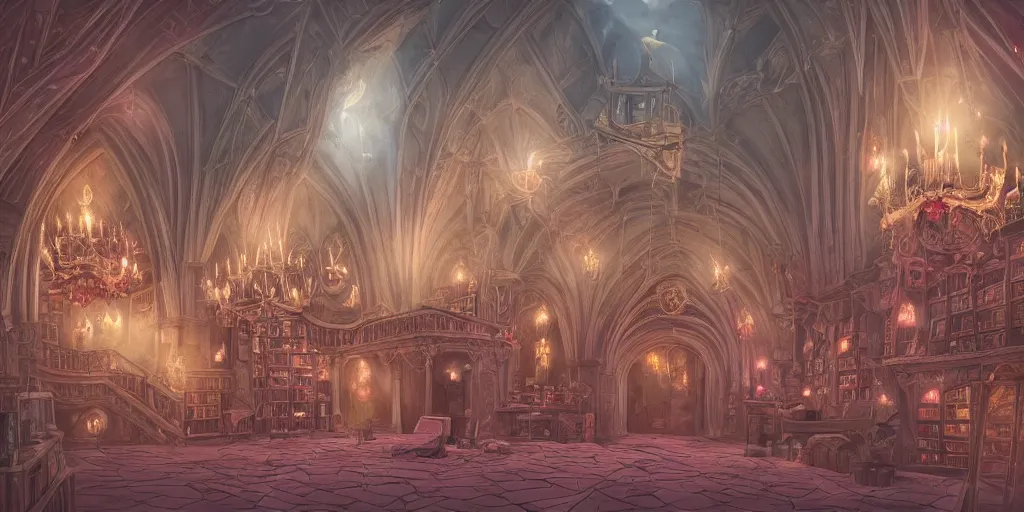 Prompt: pink library in the style of baroque, star roof, flying magic books, good perspective and construction, dreamy, smoke, hogwarts style, birds, roses, fairy tale, evening lights, highly detailed, artstation, mysterious, comfort, in the style of aetherpunk
