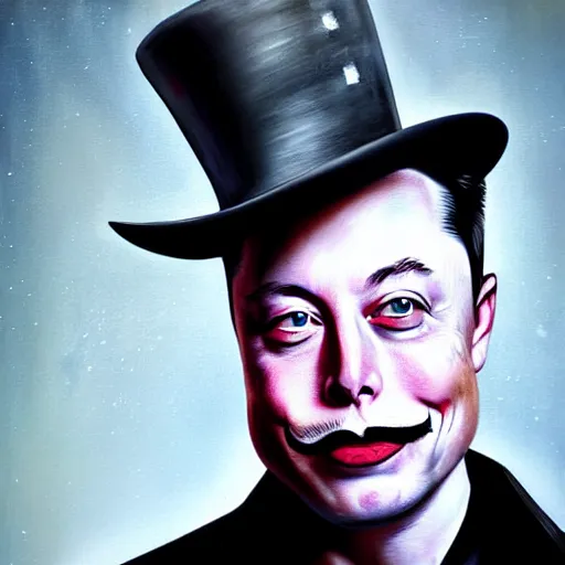 Image similar to grim-hatter elon musk with evil mustache grinning, cinematic, dark oil paint, realistic flavor, decaying rich colors!, photograph by elon musk