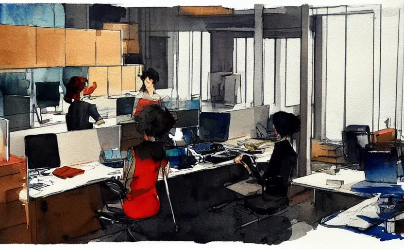 Image similar to concept art of a modern office life, pinterest, artstation trending, behance, watercolor, by coby whitmore *, silver, laser light *,