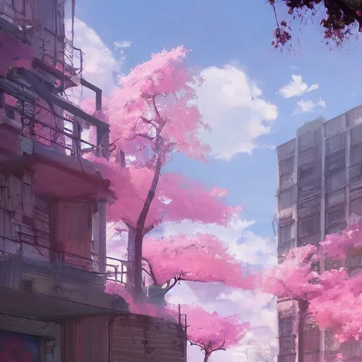 Prompt: a beautiful pink tree growing out of apocalyptic ruins. Makoto Shinkai, anime, trending on ArtStation, digital art.