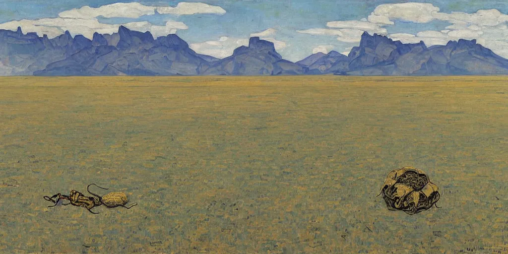 Image similar to oil painting huge wasp and wasp nest in the steppe by ferdinand hodler