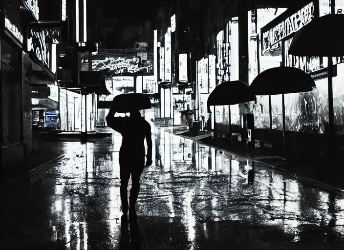 Image similar to a silhouetted person with long, flowing hair runs through an empty neon - lit brutalist city in the rain, colored gel lighting, reflective surfaces, midnight, portra, film grain, high contrast, hyperdetailed, chromatic aberration, reminiscent of the umbrellas of cherbourg, dynamic pose