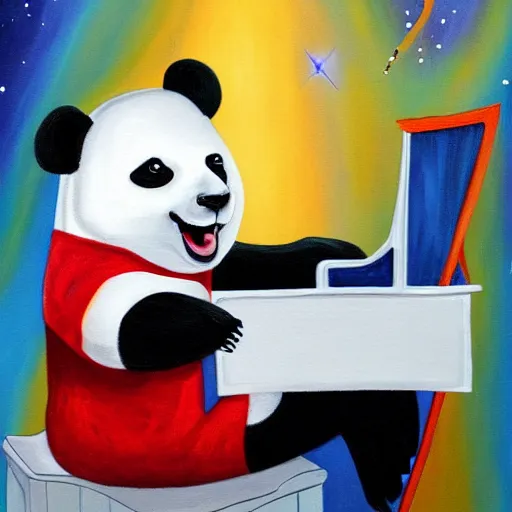 Image similar to painting of a panda playing piano at the edge of the galaxy wearing an astronaut uniform and laughing