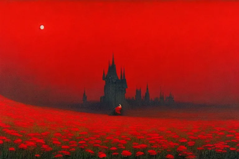 Image similar to only with red, red flowers of different types, a castle in the background, red giants rest over the flowers, in the style of beksinski, part by hopper, part by rodcenko, part by hofbauer, intricate composition, red by caravaggio, insanely quality, highly detailed, masterpiece, red light, artstation, 8 k