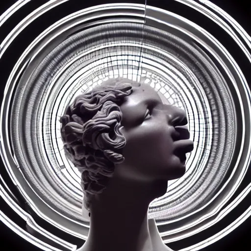 Image similar to a renaissance statue surrounded by a 3 d neon circle, 3 d render, black background, ray tracing, 8 k resolution, sharp focus, hyper detailed, hyper realistic