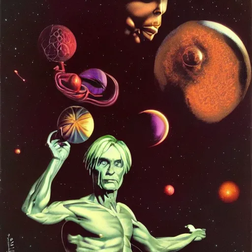 Image similar to the creator of the universe, pitch black masculine figure, gerald brom and andy warhol, cosmic horror, planet earth