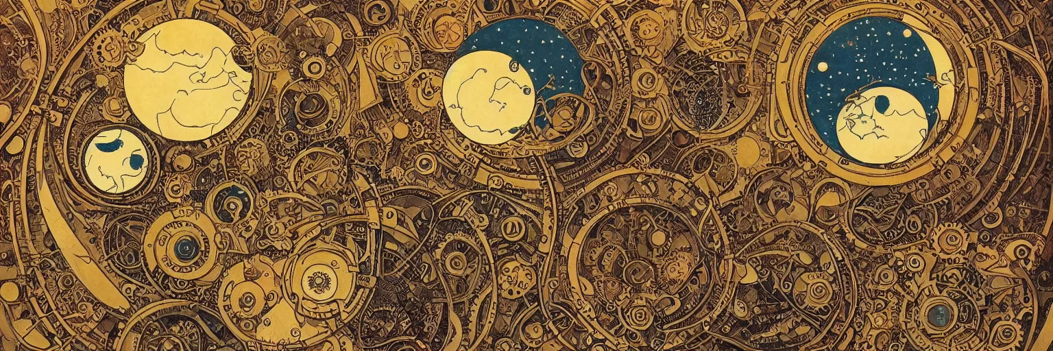 Prompt: steampunk art nouveau portrait of a sun and moon and stars and a comet and the planet earth, by satoshi kon, studio ghibli and funimation, rich bright cartoon colors, intricate, ornate, circuitry, gears, painted, extremely hyperdetailed, art deco, anime, sharp focus