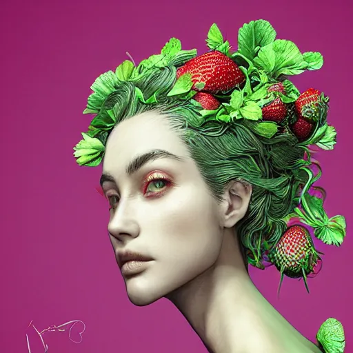 Prompt: the portrait of an absurdly beautiful, graceful, elegant, sophisticated woman made of strawberries and green petals, an ultrafine hyperdetailed illustration by kim jung gi, irakli nadar, fitness model, intricate linework, bright colors, octopath traveler, final fantasy, unreal engine 5 highly rendered, global illumination, radiant light, detailed and intricate environment