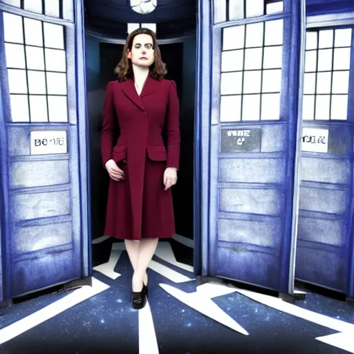 Image similar to a beautiful full body photograph of hayley atwell dressed as the doctor from doctor who standing in front of the tardis, symmetrical face, extreme realism and detail, 8 k, completely framed, direct lighting, 3 5 mm photo, photorealistic, sharp focus