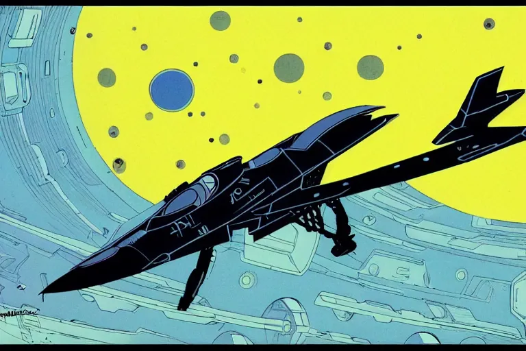 Image similar to a scifi illustration of a fururistic fighter jet. flat colors, limited palette in FANTASTIC PLANET La planète sauvage animation by René Laloux