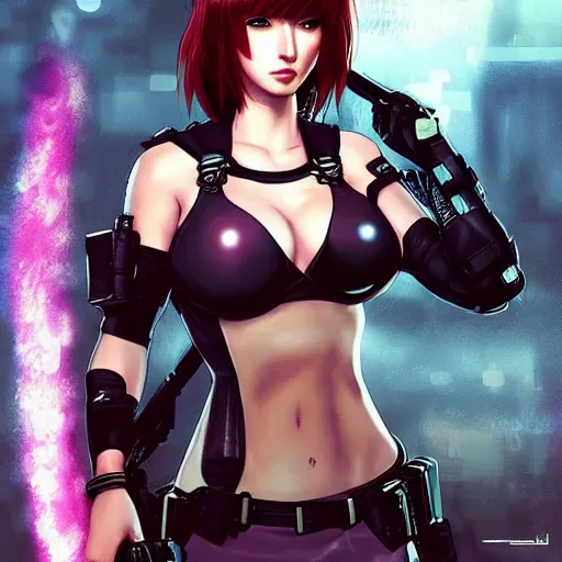 Prompt: concept art illustration of young japanese christina hendricks natalie portman as lara croft motoko kusanagi anime protagonist, wearing tokyo harajuke street fashion combat warrior fantasy bikini, intricate, elegant, art by artgerm and rosstran, masamune shirow
