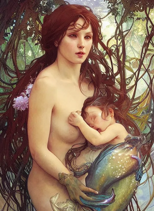 Prompt: a beautiful painting of a mermaid mother cradling her baby, stunning fantasy painting by by artgerm and greg rutkowski and alphonse mucha