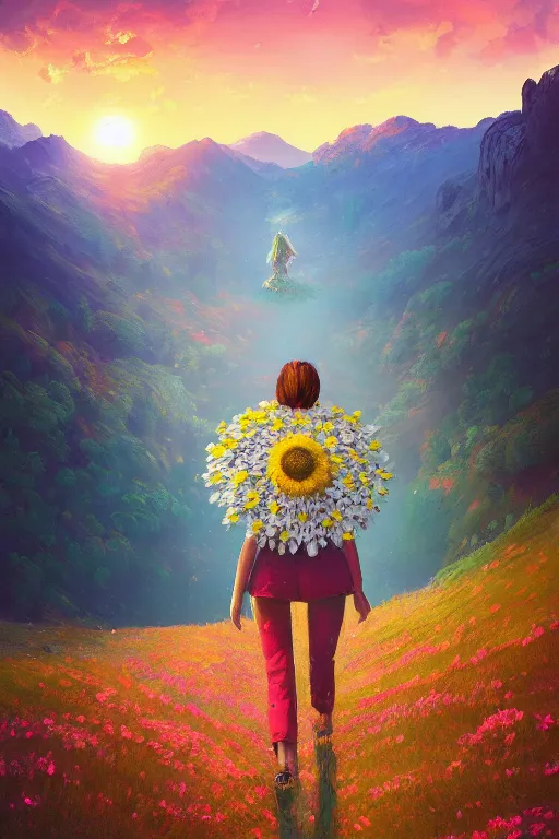 Image similar to giant daisy flower head, girl walking in the mountains, surreal photography, sunrise, dramatic light, impressionist painting, colorful clouds, digital painting, artstation, simon stalenhag