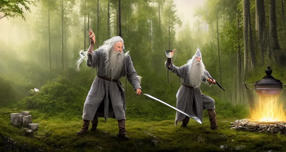 Image similar to A beautiful hyper realistic ultra detailed lifelike matte painting of Gandalf the grey throwing a magic gigantic fork spell towards beehive in forest, unreal engine, deviantart, flickr, artstation, octane render, textured, colorful, extreme realistic detail, physically based rendering, pbr render, very detailed, volumetric lighting, detailed lighting, octane render, 4k, cinematic lighting, 8k resolution