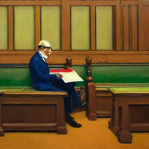 Image similar to a highly detailed fine art painting of british member of parliament in the house of commons wearing clown costumes. in the style of edward hopper, richard hamilton.