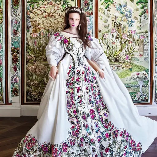 Prompt: beautiful symmetrical queen with a long and majestic white semi-transparent large ornate cotton dress is running and merged with a large warp ornate white cotton semi-transparent roses wonderful renaissance panorama behind her,meredit frampton style--8k-n9