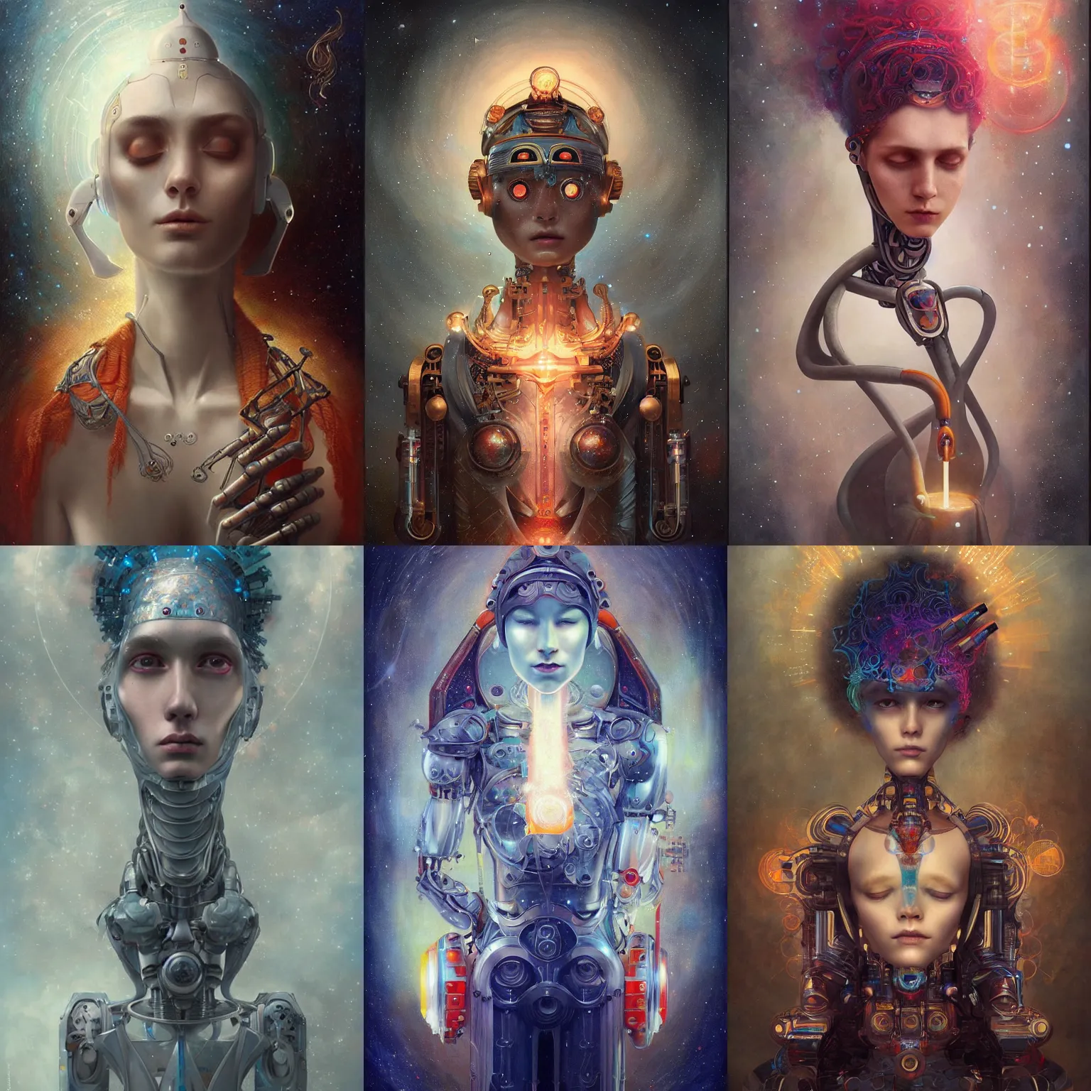 Prompt: robot wizard, listening to heavenly music, highly detailed, expressive closed eyes, colorful sound, beautiful symmetric body, award-winning art by Tom Bagshaw