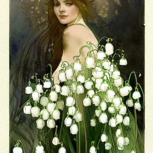 Image similar to a beautifull intricate watercolor painting of lily of the valley, reflexions, verry high details by william turner art, greg rutkowski and alphonse mucha, trending on artstation, very very detailed, masterpiece, - h 7 0 4