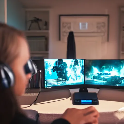 Image similar to view from behind from bed of a cute beautiful blonde woman wearing headset watching dual - monitors displaying call of duty and twitch, intricate detail, cinematic composition