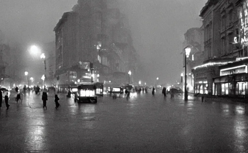 Prompt: 40s historic footage of a sovietic street with pedestrians, aerial view , aerial view Cinestill 800t 18mm, heavy grainy picture, very detailed, high quality, 4k panoramic, billboards and streetlight at night, rain, mud, foggy