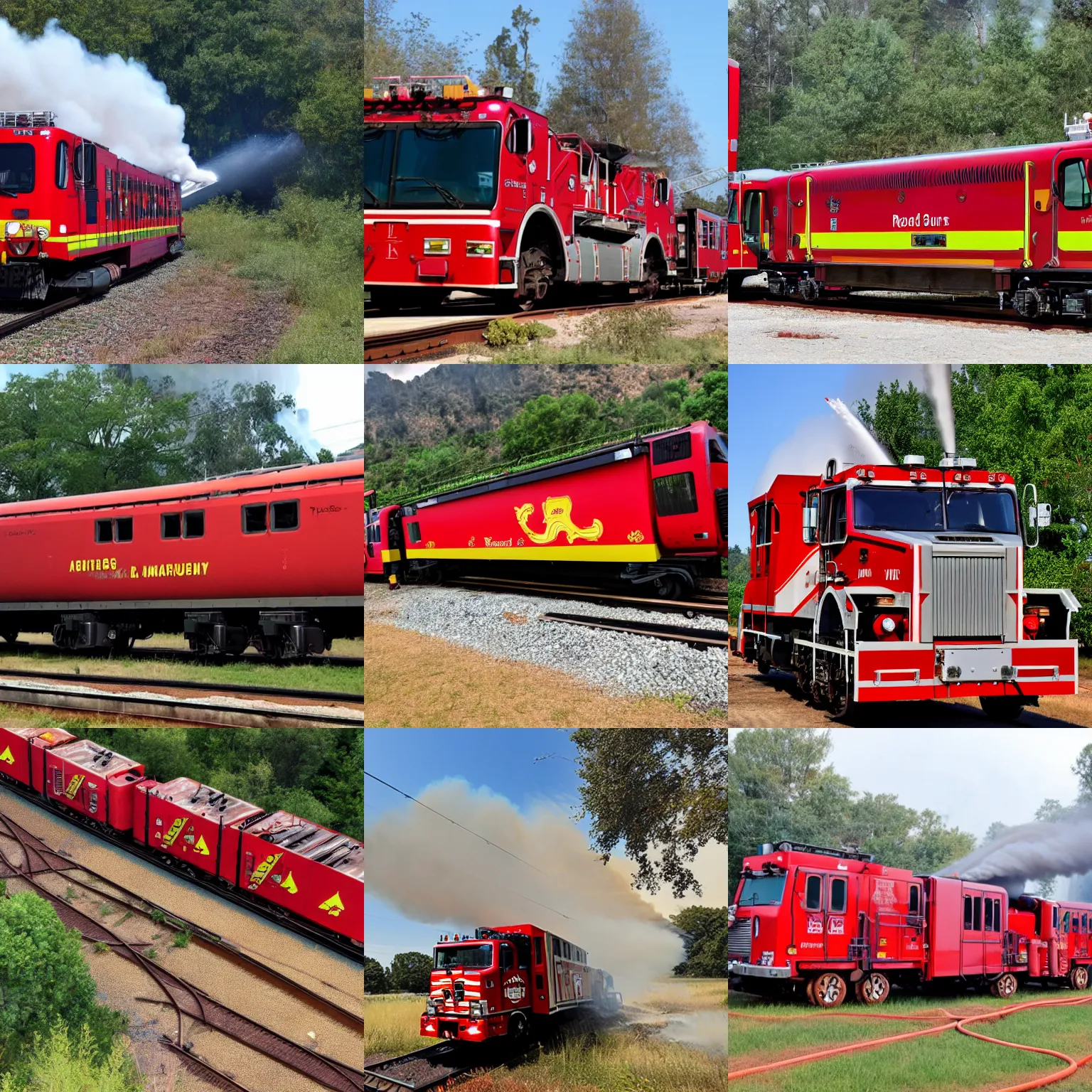 Prompt: a red firefighting train