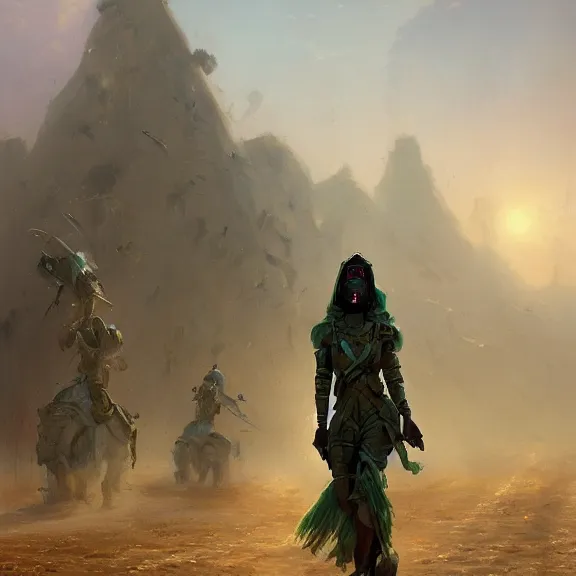 Prompt: fantasy painting of a woman wearing a green military uniform and a mask, marching across the desert with an army of robots, by greg rutkowski and thomas kinkade, ambient light, ultra detailed, 8 k, very very very very very very beautiful, oil on canvas, trending on artstation, award winning, beautiful scenery.