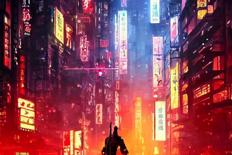 Prompt: Samurai with a sword stands infront of cyberpunk city, in theme of bladerunner movie, year 2077 raining, neon lights, night, realism. Beautiful lighting, highly detailed digital art, trending on artstation.