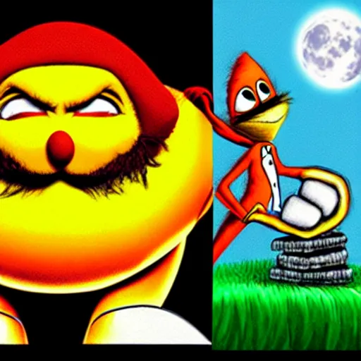 Image similar to professional illustration of doctor robotnik standing over the lorax, the lorax is laying down and making a longing face, blushing, digital drawing, black outlines, dark lighting, a moonlight glow is coming from a window, doctor eggman is making a confused face