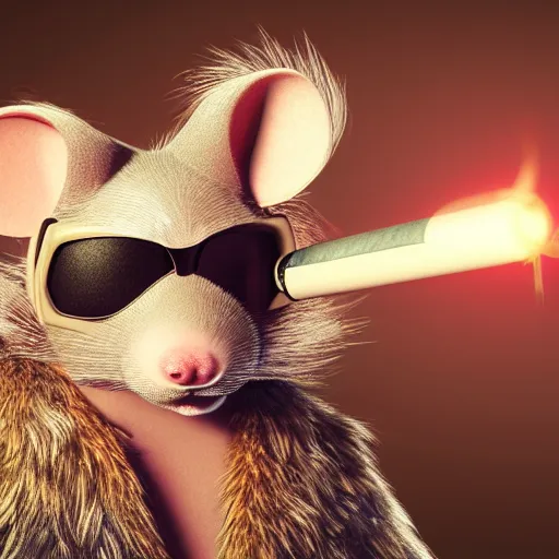 Prompt: an anthropomorphic rat, by weta digital, digital art, 3 d, studio lighting, post processing, smoking a big cigar, wearing sunglasses, wearing a fur coat