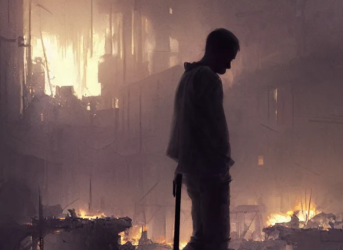 Prompt: the silhouette of a sad man looks at the destroyed and burning world, sheets of paper fly around volumetric lighting, digital painting, highly detailed, artstation, sharp focus, illustration, concept art, ruan jia, steve mccurry, amazing composition