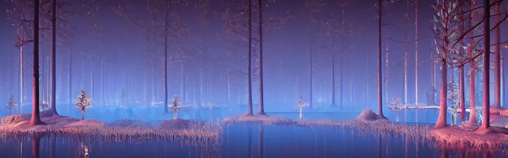 Image similar to fantasy forest of glowing trees and glowing flying insects, a lake reflecting the lights, myst on the air, cinematic feel, hyper realistic, high detail, blender render .