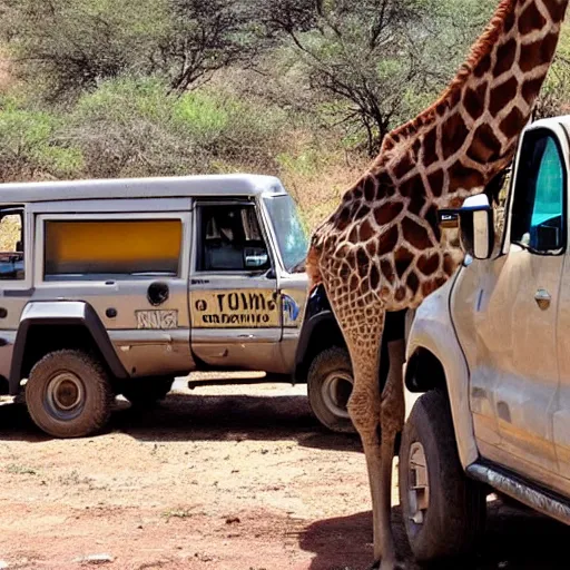 Image similar to a giraffe in a safari truck in south africa watching humans drink water mid dat