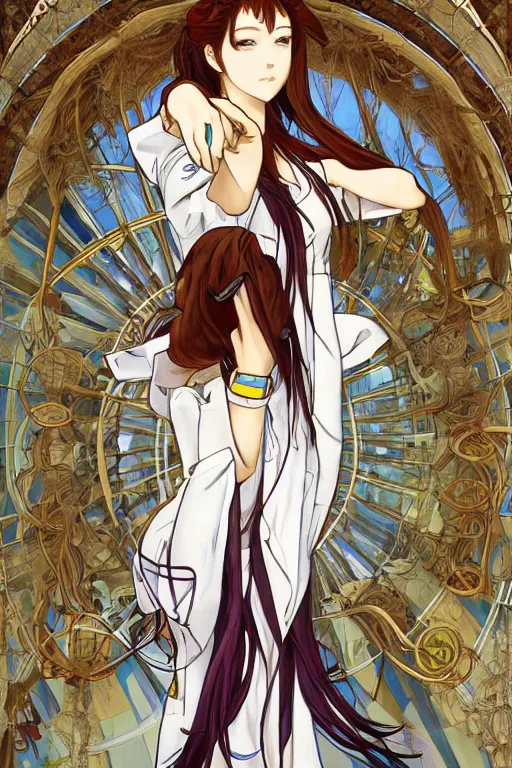 Image similar to Kurisu Makise in flowing lab coat tonemapped in the style of Ayami Kojima and Alphonse Mucha