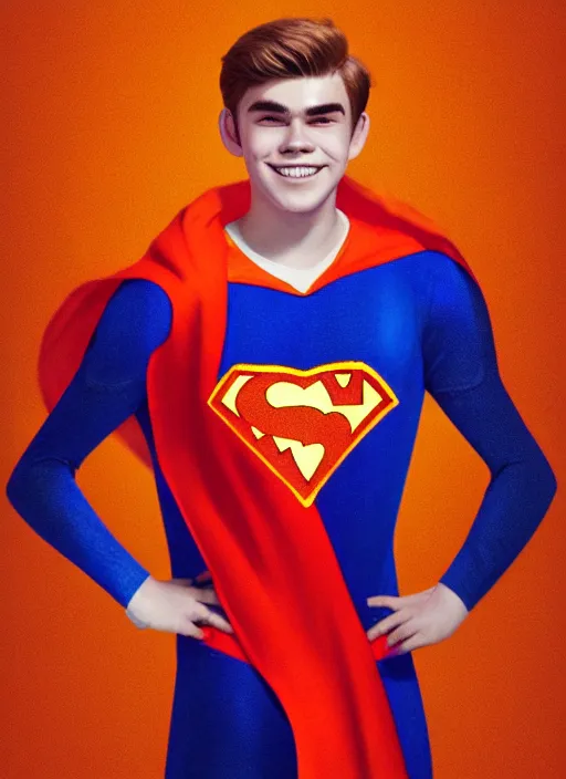 Image similar to friendly teenage archie andrews wearing an orange superhero costume with heart logo, heart, freckles, blue cape, heart emblem on chest, blue cape, intricate, elegant, glowing lights, highly detailed, digital painting, artstation, sharp focus, illustration, art by wlop, mars ravelo and greg rutkowski