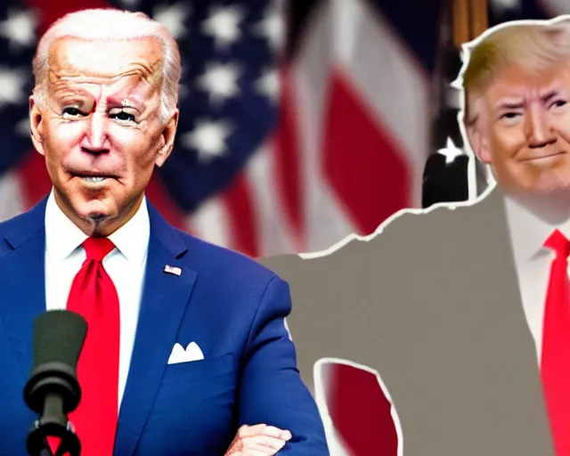 Prompt: joe biden with glowing eyes standing behind crying donald trump, octane render, 8 k