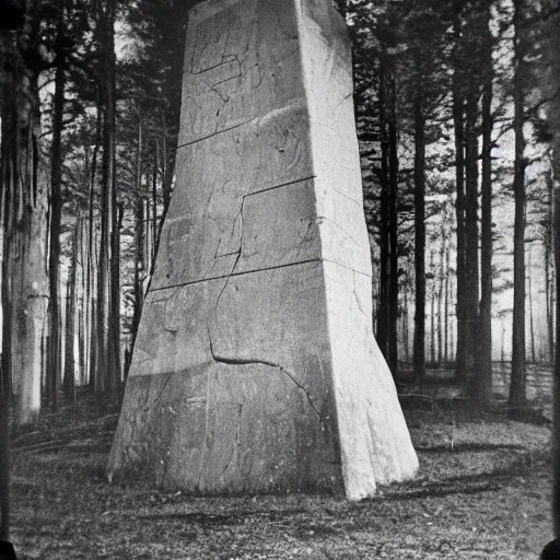 Prompt: old photograph of a giant monolith in a haunted forest