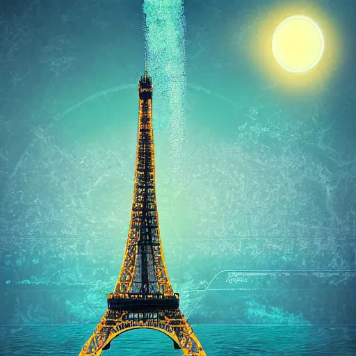 Image similar to eiffel tower is swimming in the ocean under the cheese rain on neptune planet, hyper realistic, illustration, digital art