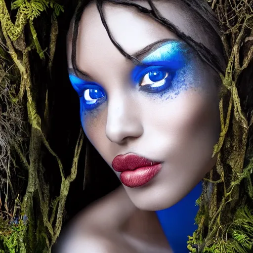 Image similar to cloaked ebony maiden with blue eyes and a beautiful model face in a dark and creepy forest