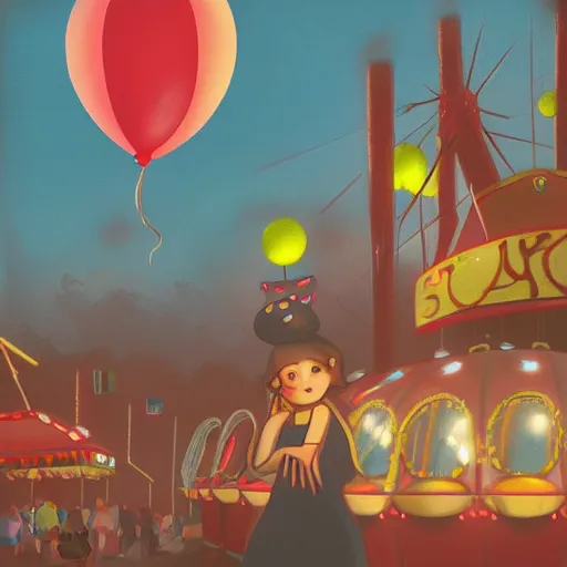 Prompt: a girl holding a balloon at a fairground. buildings with graffiti. dusk. illustration in the style of simon stalenhag artstation