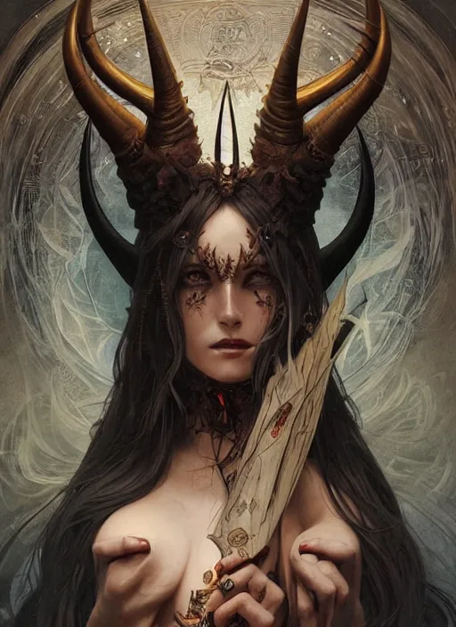 Image similar to a beautiful illustration of a satanic witch with horns in head, intricate, sharp focus, illustration, highly detailed, digital painting, concept art, matte, art by wlop and artgerm and greg rutkowski and alphonse mucha, masterpiece