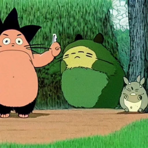 Image similar to a screenshot of Danny Devito as a character in My Neighbor Totoro (1988)