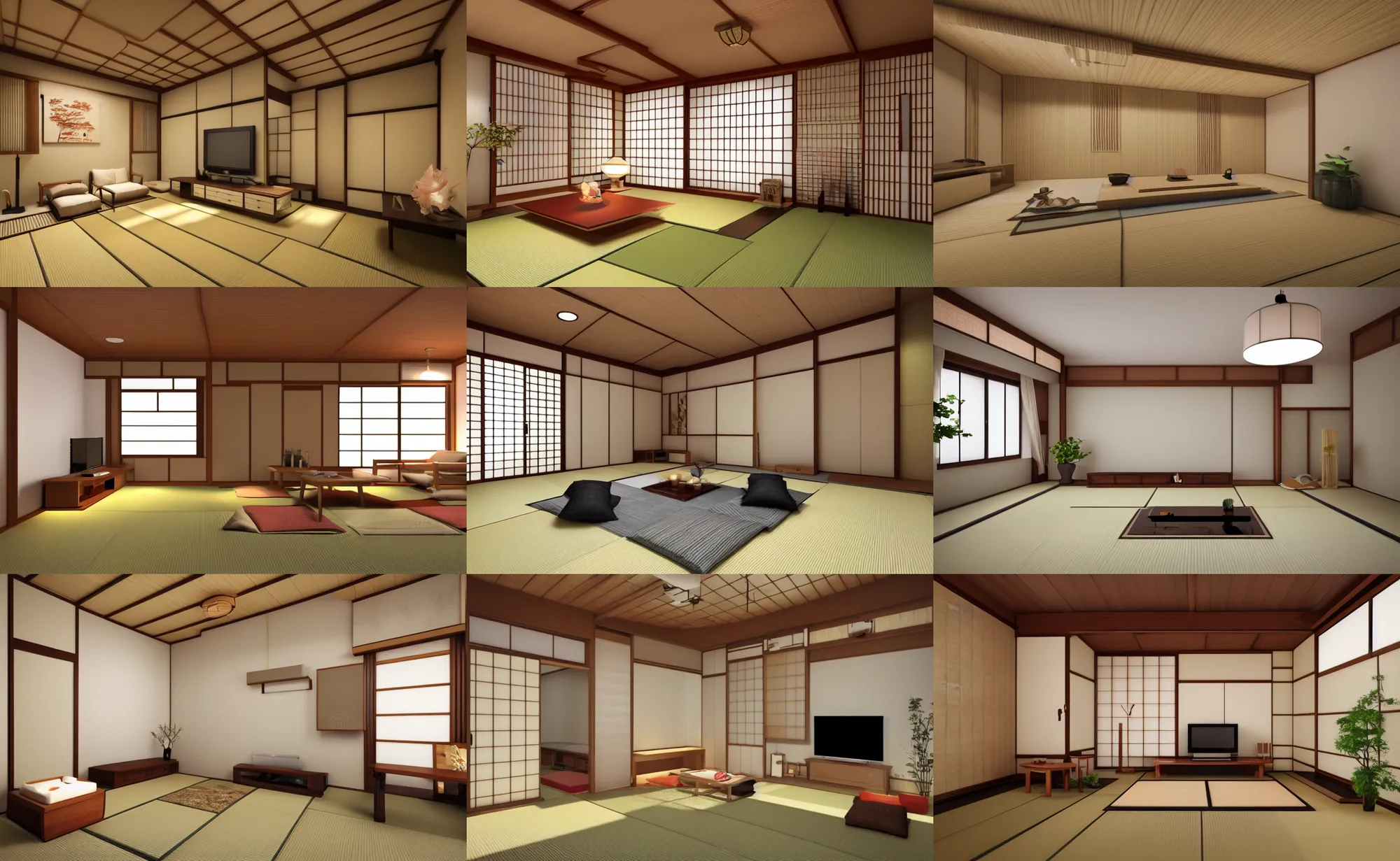 Prompt: japanese style living room, bright, light wood, clean, cozy, 3 d render