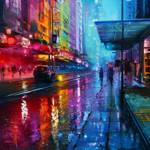 Prompt: acrylic painting, impressionism and expressionism, strong emotional impact, bold pastel colors, spring day, expressive brushstrokes, puddles, an art deco streetscape lined with beautiful flowers, by liam wong and tyler edlin, trending on artstation