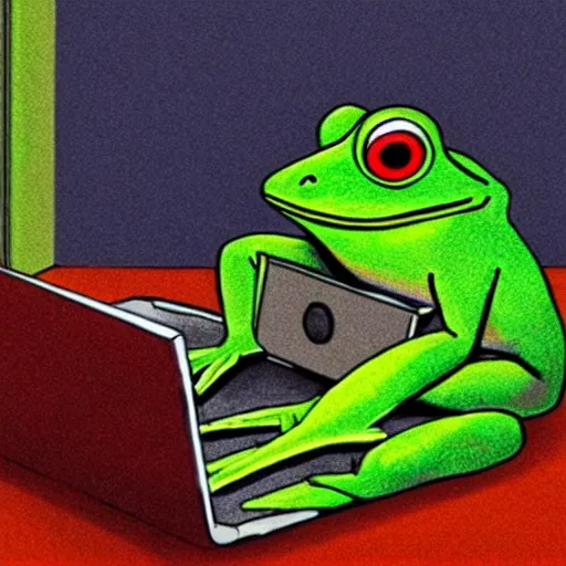 Prompt: peepo the frog, crying!! on bed with laptop, in the style of lo-fi, dramatic,