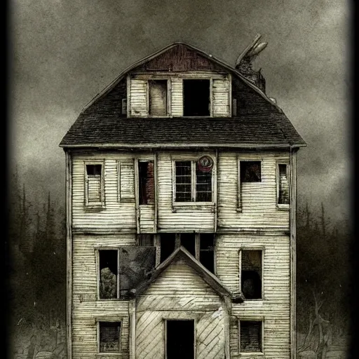 Prompt: an abandoned house in the style of John Kenn Mortensen, realistic painting, high definition, digital art, matte painting, very detailed, realistic