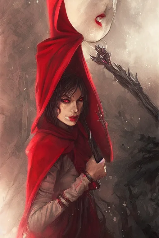 Prompt: powerful witch red riding hood, d & d, fantasy, portrait, highly detailed, headshot, digital painting, trending on artstation, concept art, sharp focus, illustration, art by artgerm and greg rutkowski and magali villeneuve