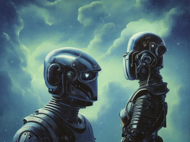 Prompt: a detailed profile painting of a bounty hunter in armour and visor, cinematic sci-fi poster. Flight suit, anatomy portrait symmetrical and science fiction theme with lightning, aurora lighting clouds and stars. Clean and minimal design by beksinski carl spitzweg and tuomas korpi. baroque elements. baroque element. intricate artwork by caravaggio. Oil painting. Trending on artstation. 8k