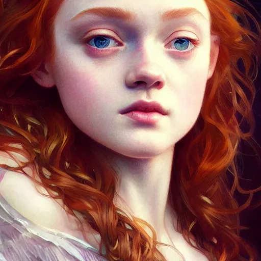 Image similar to beautiful natural Sadie Sink, intricate, early 20s, elegant, highly detailed, digital painting, artstation, concept art, sharp focus, illustration, art by artgerm and greg rutkowski and alphonse mucha and loish and WLOP